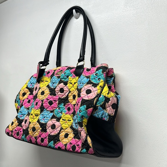 Luv Betsey Johnson Weekender Tote Bag Large Quilted Donuts Kitty Cats Black - Picture 3 of 11